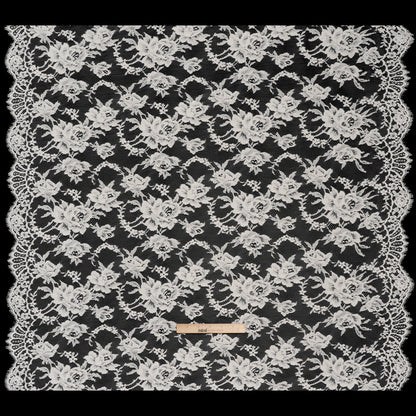 French Cotton Blend Leavers Lace with Finished Scalloped Edges by Solstiss - Greige Sweet Roses