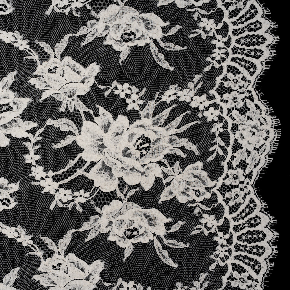 French Cotton Blend Leavers Lace with Finished Scalloped Edges by Solstiss - Greige Sweet Roses