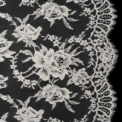 French Cotton Blend Leavers Lace with Finished Scalloped Edges by Solstiss - Greige Sweet Roses