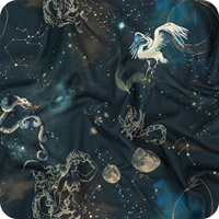 A close up of a blanket with a picture of a bird and a moon