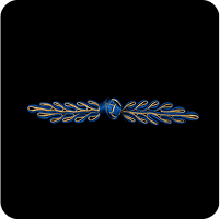 A blue and gold brooch with a bird on it
