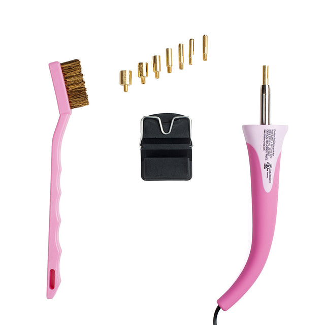 A close up of a pink brush and a pink brush with a black handle