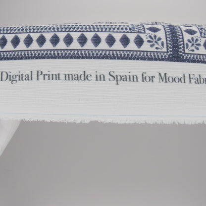Slubbed Gauzy Cotton Woven - White and Navy Blue Floral Embroidery Squares - Mood Exclusive Porcelain Petals Print