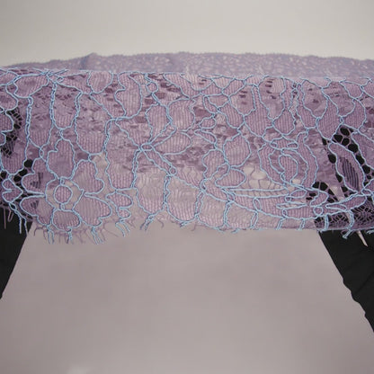 Corded Raschel Lace Panel with Finished Edges - Lavender and Sky Blue All-Over Flowers and Leaves