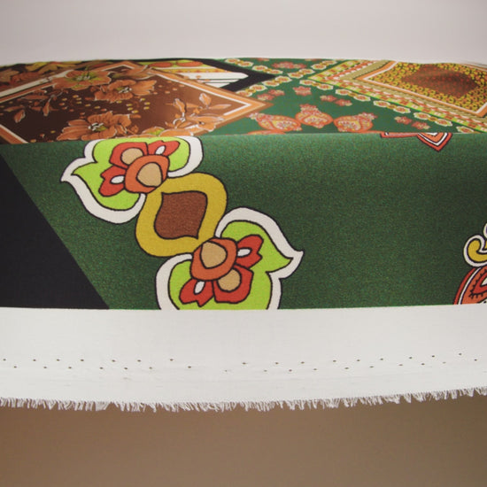 Silk Charmeuse Print 16MM, Made in Italy - Green, Brown and Orange Patchwork Squares with Flowers and Stripes - Image 6 of 6
