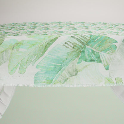 Green Banana and Palm Leaves Printed Ivory Linen Woven