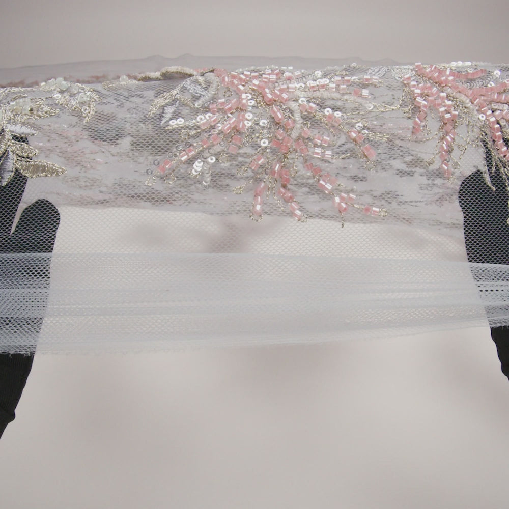 Beaded and Embroidered Tulle with 3D Appliques - Light Blue, Pink and Gold Fanciful Floral Sprays - Image 6 of 6