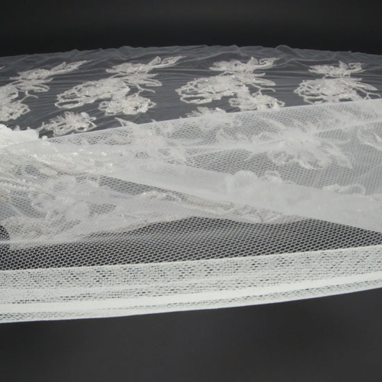 Embroidered and Beaded Bridal Tulle with 3D Fabric Flowers - Off White Fancy Florals - Image 6 of 6
