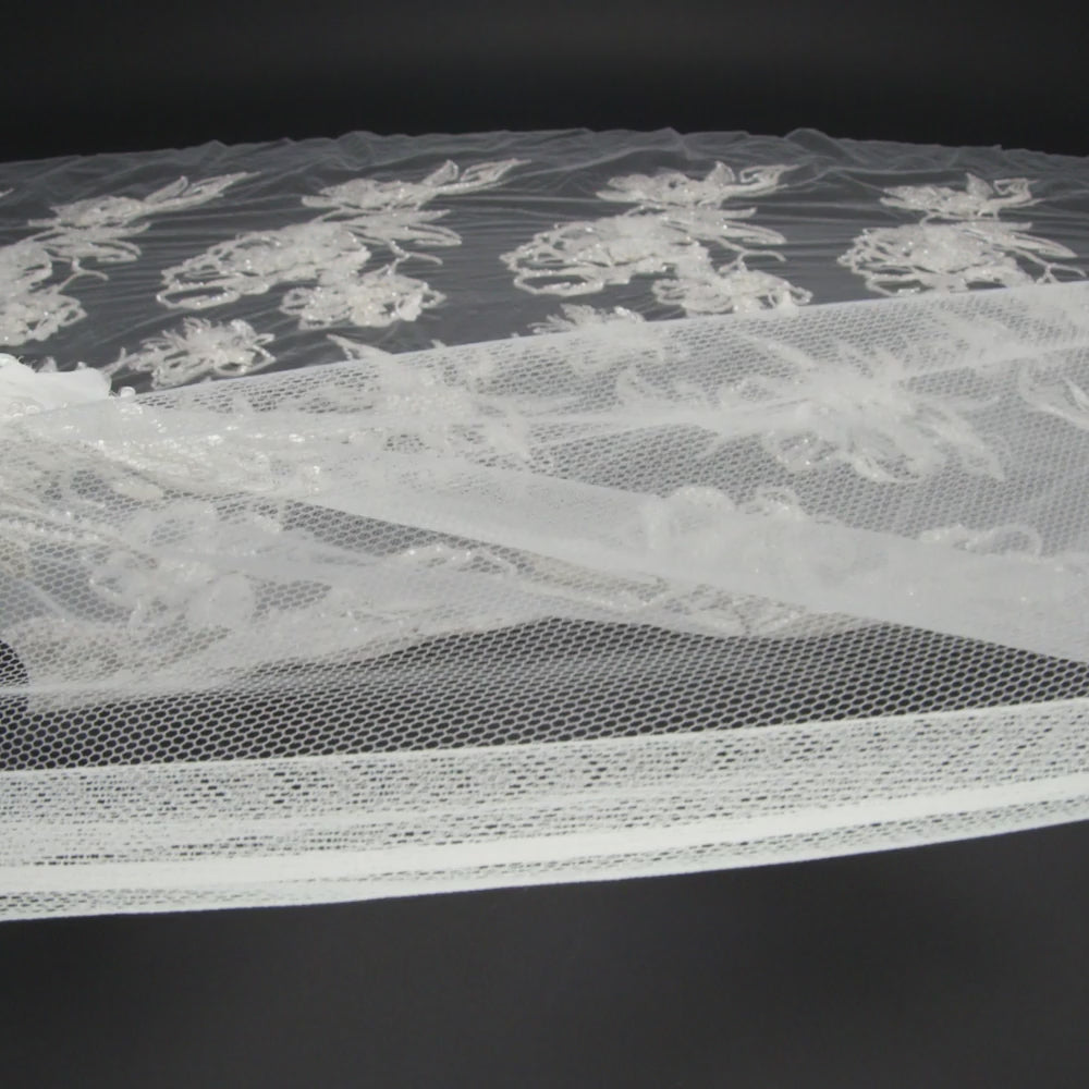 Embroidered and Beaded Bridal Tulle with 3D Fabric Flowers - Off White Fancy Florals - Image 6 of 6