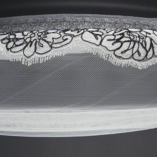 Corded Embroidered Tulle Lace with Scalloped Borders - Black and White Floral - Image 6 of 6