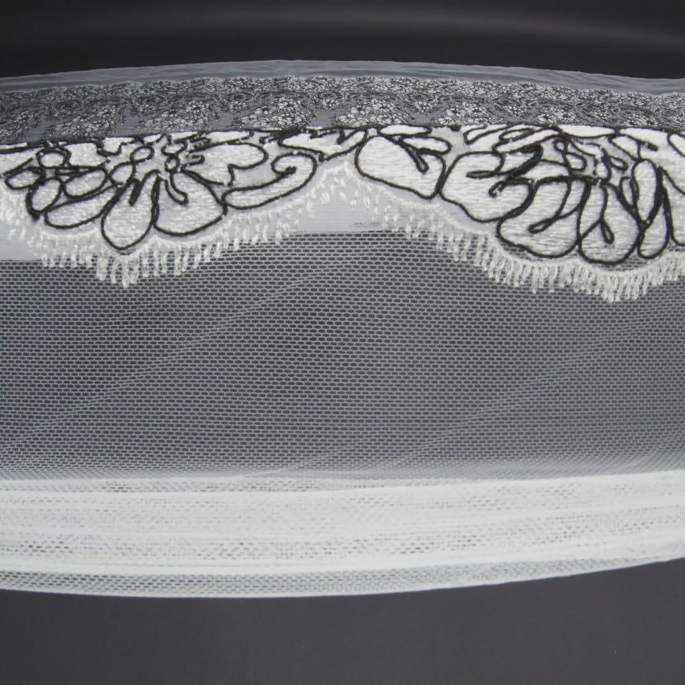 Corded Embroidered Tulle Lace with Scalloped Borders - Black and White Floral - Image 6 of 6