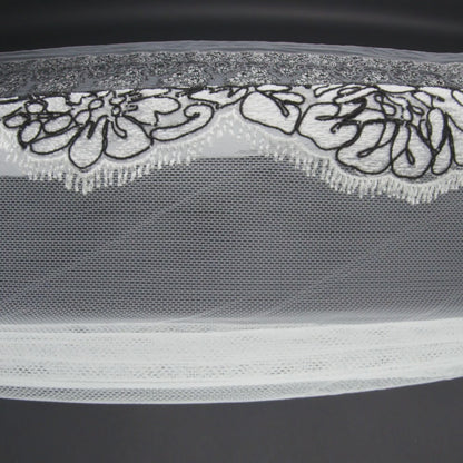 Corded Embroidered Tulle Lace with Scalloped Borders - Black and White Floral