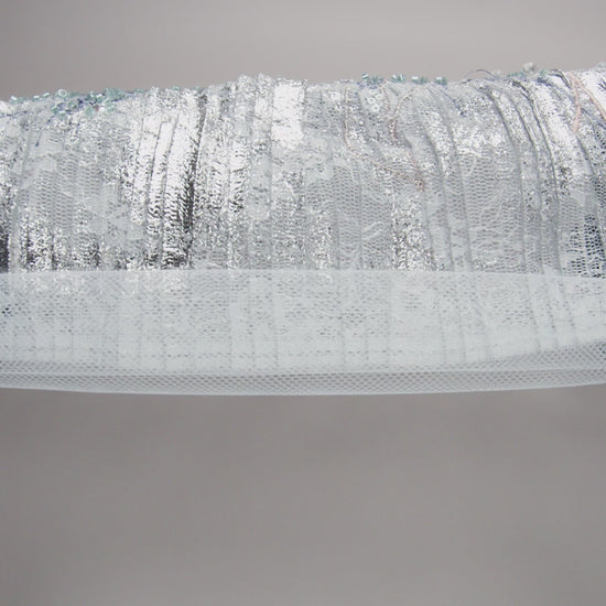 Metallic Foiled Plisse Lace with Embroidery and Beading on Tulle Backing - Light Blue, Silver, and Pale Pink Flowering Branches - Image 6 of 6