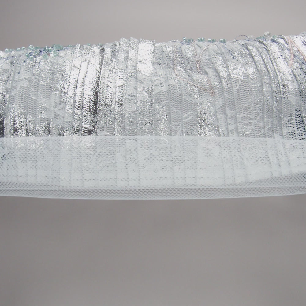 Metallic Foiled Plisse Lace with Embroidery and Beading on Tulle Backing - Light Blue, Silver, and Pale Pink Flowering Branches - Image 6 of 6
