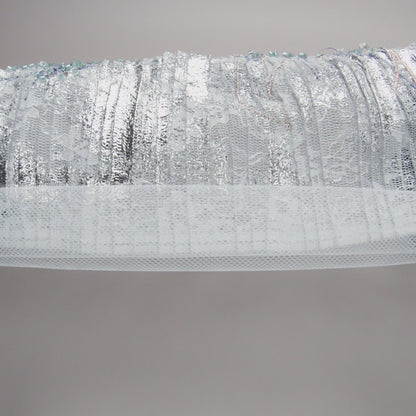 Metallic Foiled Plisse Lace with Embroidery and Beading on Tulle Backing - Light Blue, Silver, and Pale Pink Flowering Branches