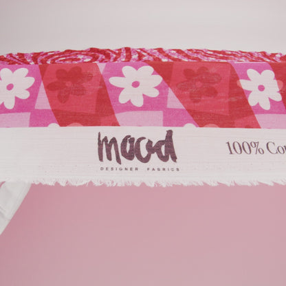 Crinkled Cotton Gauzy Woven Print - Red and Pink Flowers and Swirls on Checks - Mood Exclusive Gardener's Game