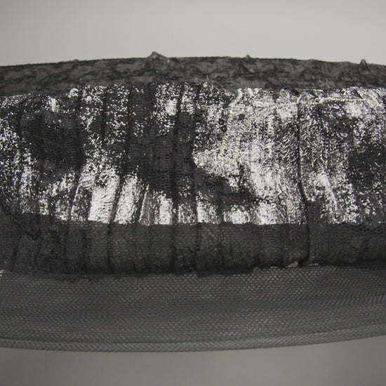Metallic Foiled Plisse Lace with Embroidery and Beading on Tulle Backing - Black, Gunmetal and White Gold Trailing Leafy Vines - Image 6 of 6