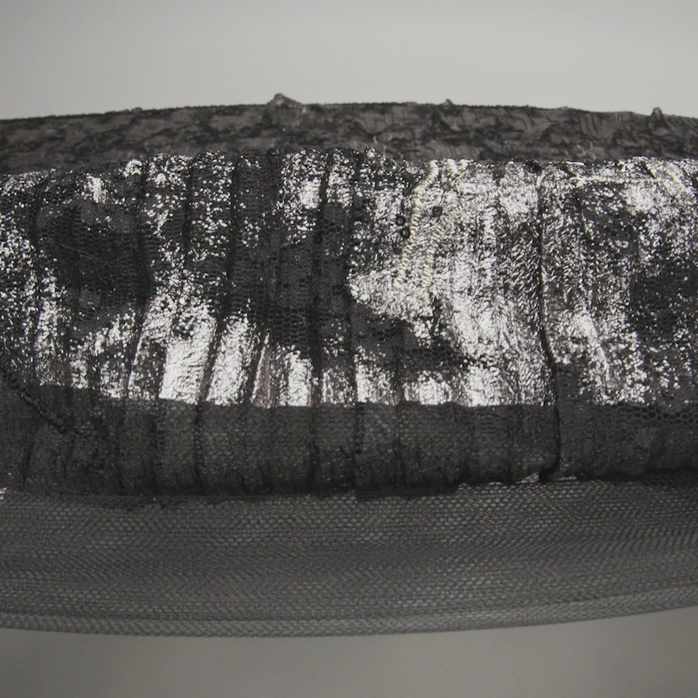 Metallic Foiled Plisse Lace with Embroidery and Beading on Tulle Backing - Black, Gunmetal and White Gold Trailing Leafy Vines - Image 6 of 6