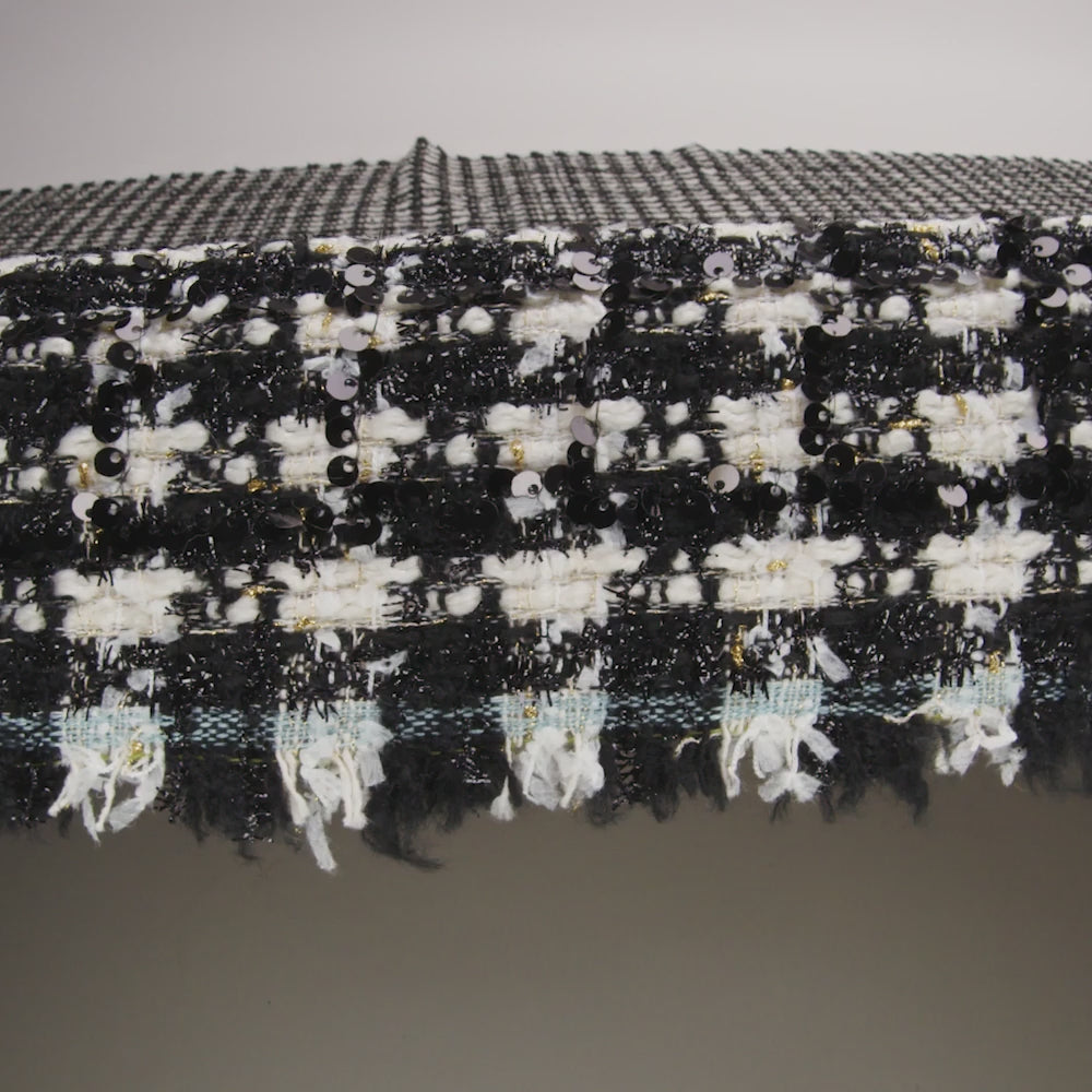 Sequined Polyester Blend Tweed - Black and White Plaid with Gold Accents - Image 6 of 6