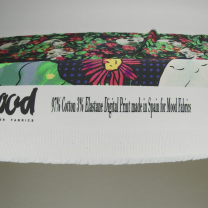 Stretch Cotton Sateen - Black, Red and Green Skulls and Flowers - Mood Exclusive Poor Yorick Print