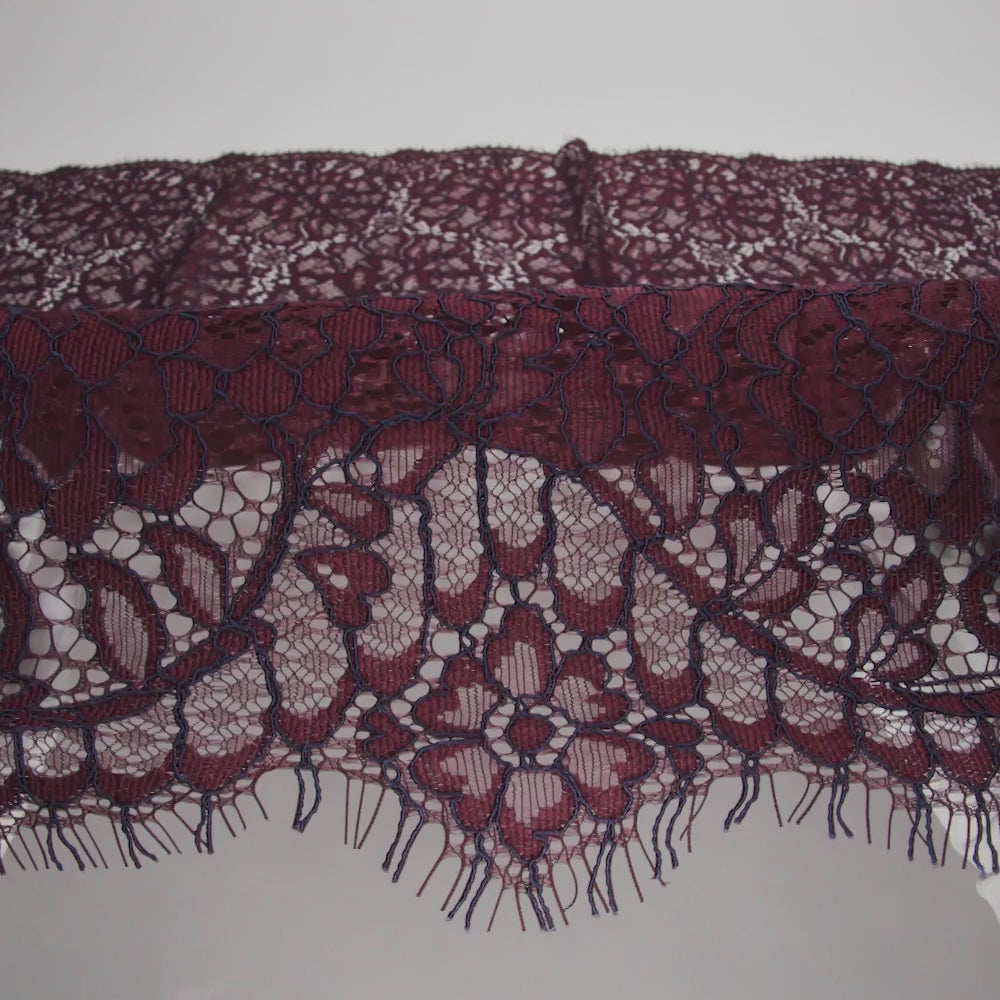 Corded Raschel Lace Panel with Finished Edges - Burgundy and Navy All-Over Flowers and Leaves - Image 6 of 6