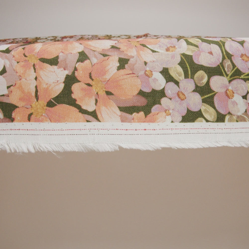Medium Weight Linen Woven Print - Dark Sage, Pink and Creamsicle Floral - Image 6 of 6