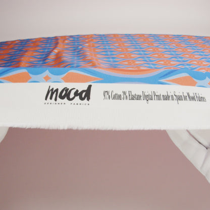 Stretch Cotton Sateen - Blue and Orange Ogees - Eye of the Storm Print - Mood Exclusive Groove Collection