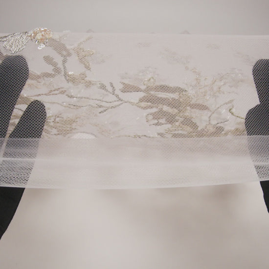 Embroidered and Beaded Tulle with 3D Satin Flowers - Taupe, Lemon and White Flowering Branches - Image 6 of 6