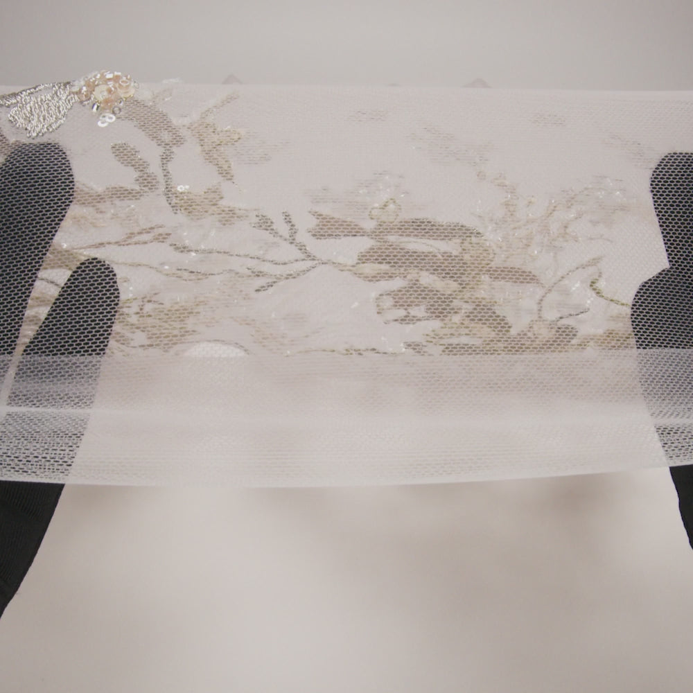 Embroidered and Beaded Tulle with 3D Satin Flowers - Taupe, Lemon and White Flowering Branches - Image 6 of 6