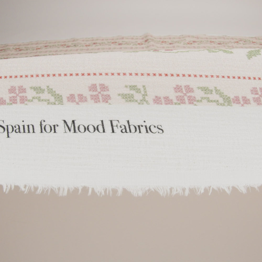 Slubbed Gauzy Cotton Woven - Pale Peach, Pink and Green Cross Stitch Berries and Flowers Stripes - Mood Exclusive Needlepoint Petals Print - Image 6 of 6