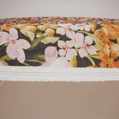 Medium Weight Linen Woven Print - Midnight, Pink and Tiger Lily Orange Floral