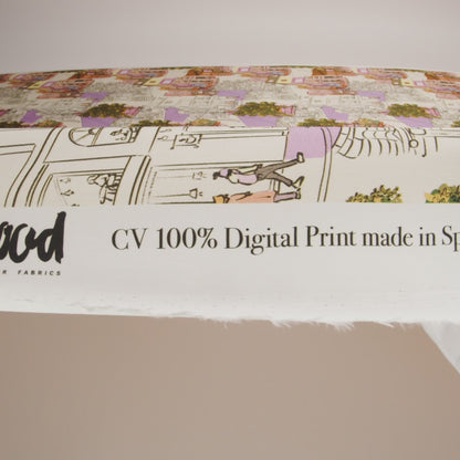 Rayon Challis - Multicolor Streetscapes and Trees - Growing Roots Print - Mood Exclusive Wisteria Collection