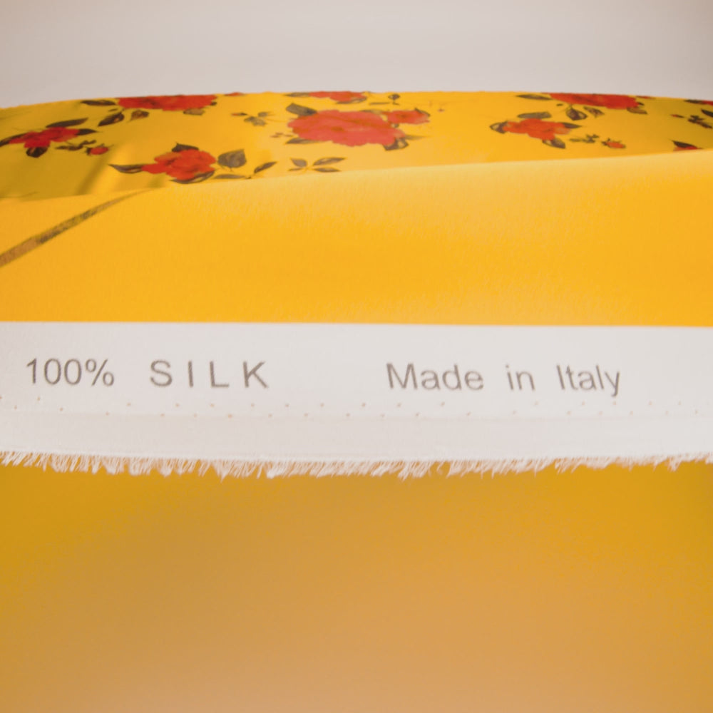 Silk Charmeuse Print 16MM, Made in Italy - Golden Yellow and Red Scattered Roses - Image 6 of 6