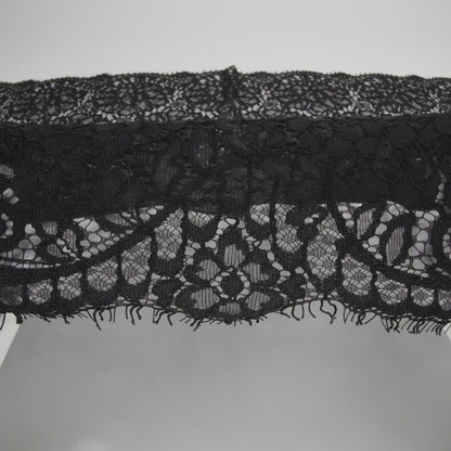 Corded Raschel Lace Panel with Finished Edges - Black All-Over Flowers and Leaves