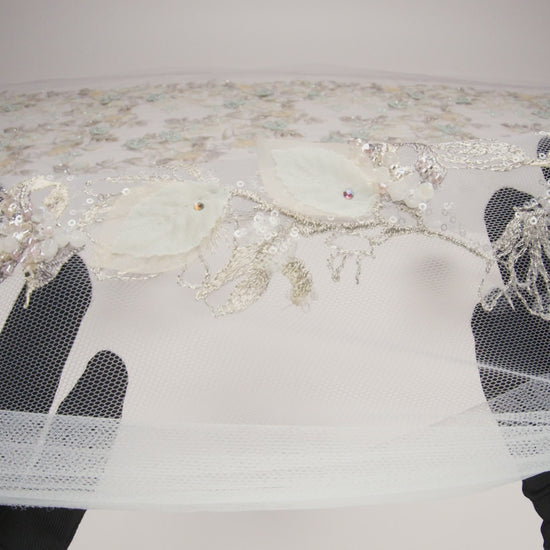 Embroidered and Beaded Tulle with 3D Fabric Flowers - Light Gray, Seafoam and Cream Leafy Arrangements - Image 6 of 6
