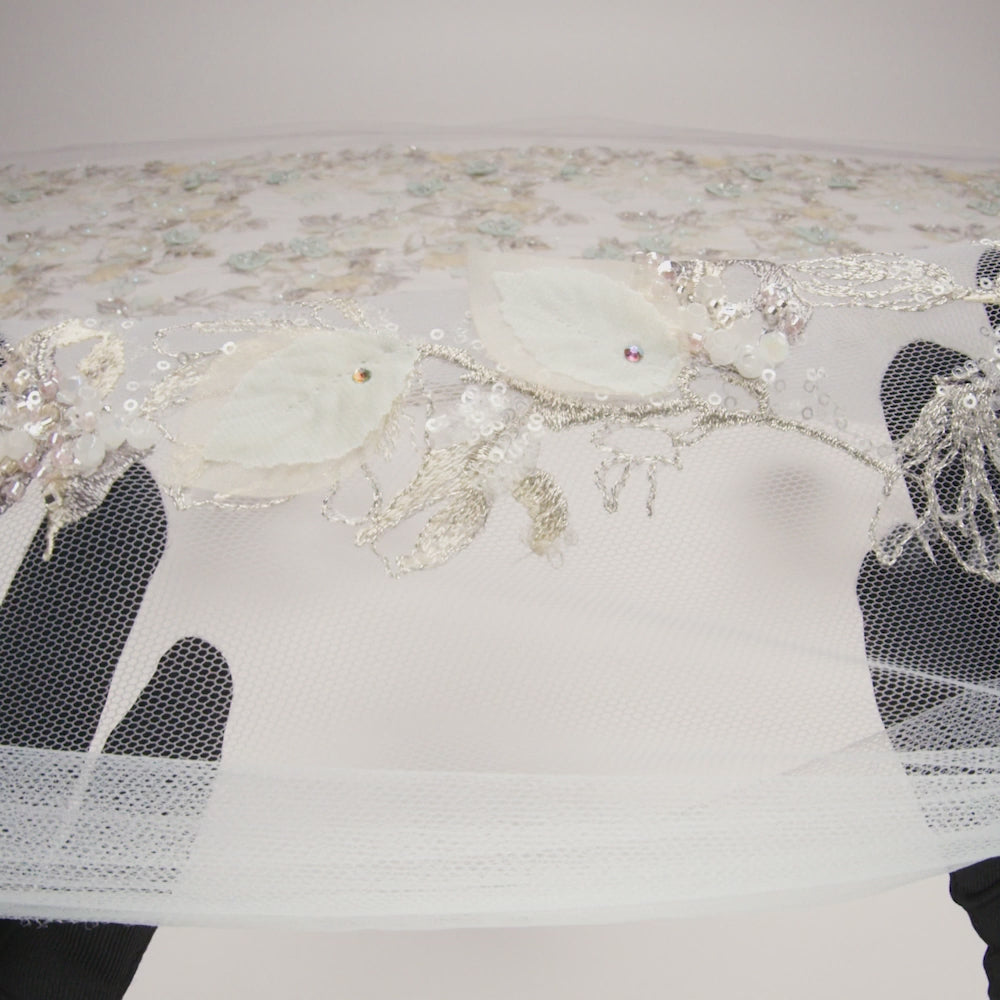 Embroidered and Beaded Tulle with 3D Fabric Flowers - Light Gray, Seafoam and Cream Leafy Arrangements - Image 6 of 6