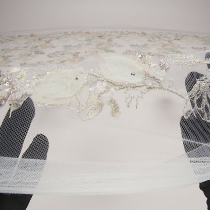 Embroidered and Beaded Tulle with 3D Fabric Flowers - Light Gray, Seafoam and Cream Leafy Arrangements