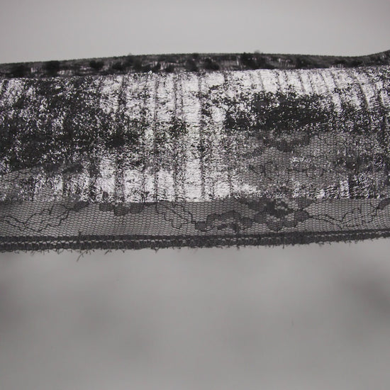 Foiled Plisse Lace with Beaded and Embroidered 3D Fabric Flowers and Leaves - Black and Silver Floral - Image 6 of 6