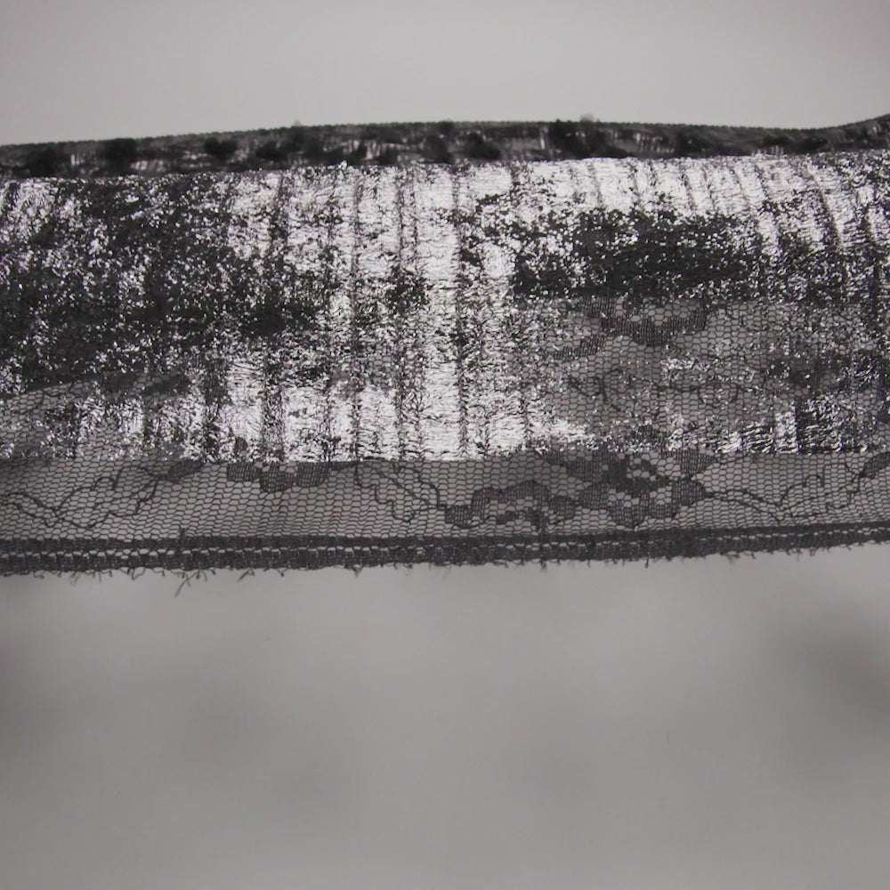 Foiled Plisse Lace with Beaded and Embroidered 3D Fabric Flowers and Leaves - Black and Silver Floral - Image 6 of 6