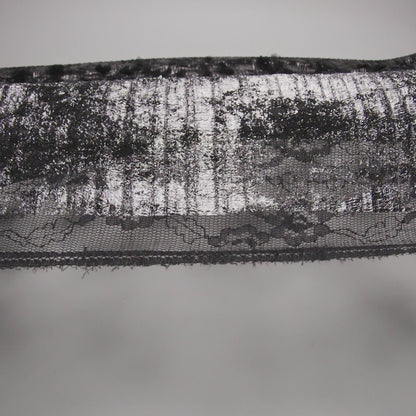 Foiled Plisse Lace with Beaded and Embroidered 3D Fabric Flowers and Leaves - Black and Silver Floral