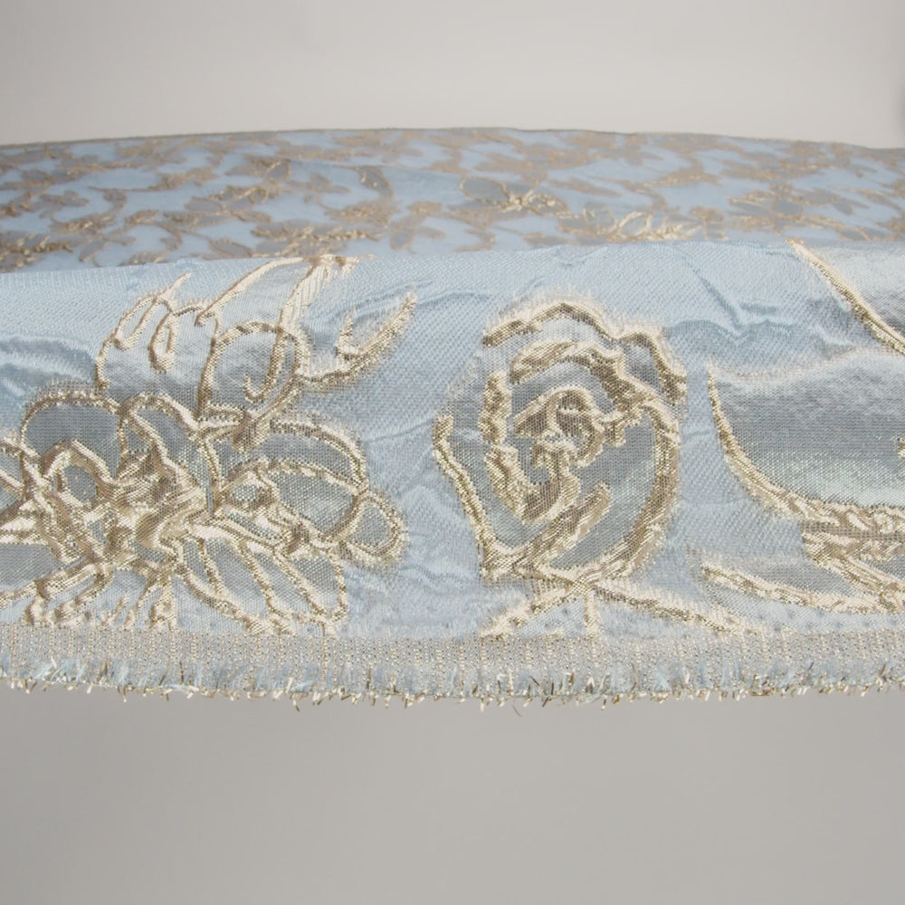 Metallic Gold and Sky Blue Floating Flowers Luxury Burnout Brocade - Image 6 of 7