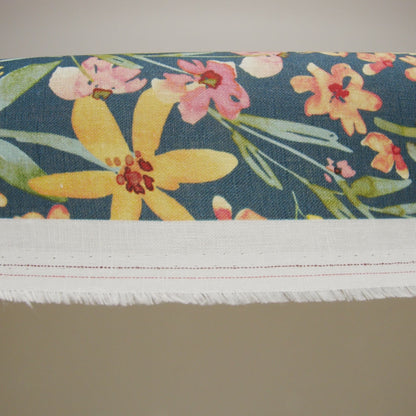 Medium Weight Linen Woven Print - Dark Teal, Orange and Pink Tulip Garden