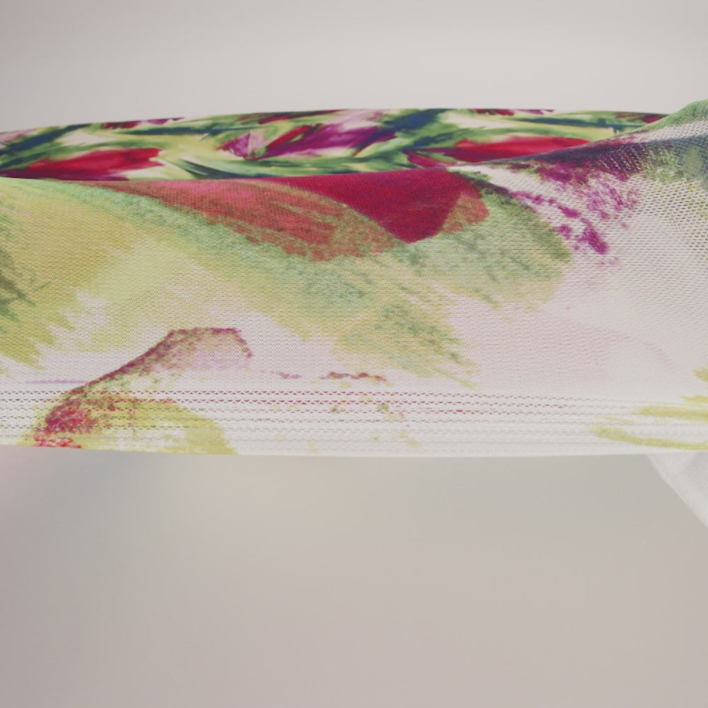 Polyester Stretch Mesh - Green, Berry Red and Butterceam Painted Palm Leaves - Designer Deadstock - Image 6 of 6