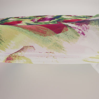 Polyester Stretch Mesh - Green, Berry Red and Butterceam Painted Palm Leaves - Designer Deadstock