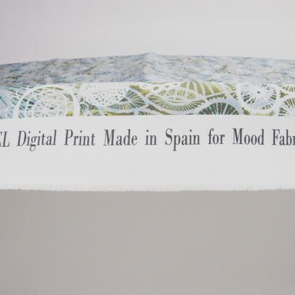 Stretch Cotton Sateen - Olive Green, Sky Blue and White Flowers and Circles - Kaleidoscope Sunbeam Print - Mood Exclusive Acadia Collection
