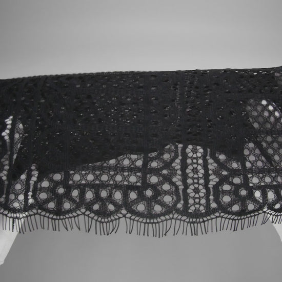Raschel Lace Panel with Finished Edges - Black Geometric Rows of Windows - Image 6 of 6