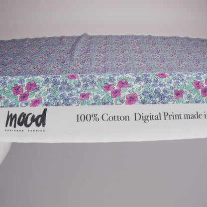 Cotton Voile - Blue and Pink Floral - Springtime Saunter Print - Mood Exclusive Secret Garden Collection