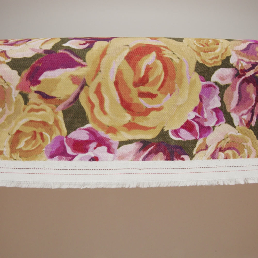 Medium Weight Linen Woven Print - Mustard Yellow, Magenta Pink and Dark Olive Green Roses - Image 6 of 6