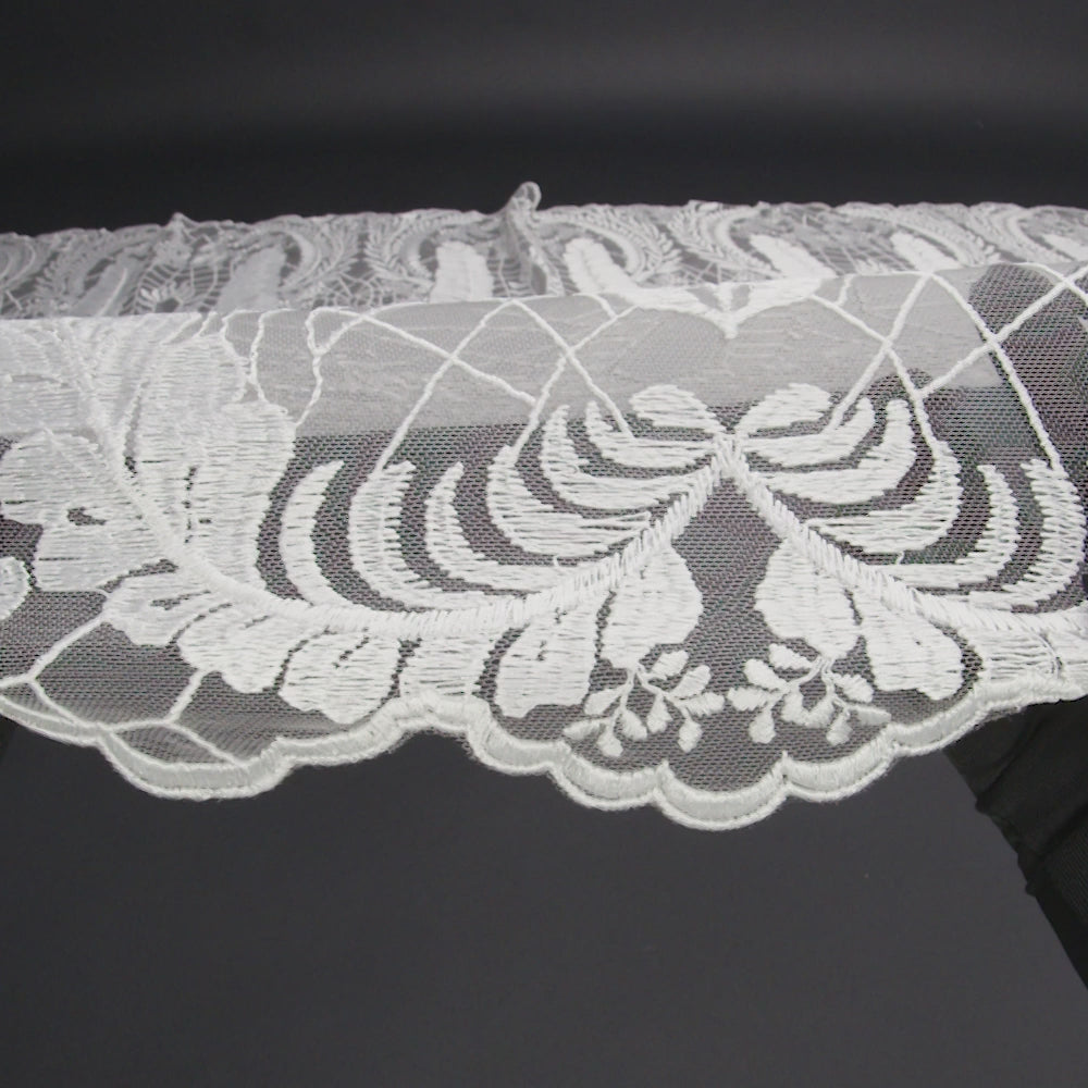 Embroidered Lace Tulle with Finished Scalloped Edges - Off White Fern Leaves, Plants and Spider Webs - Image 6 of 6