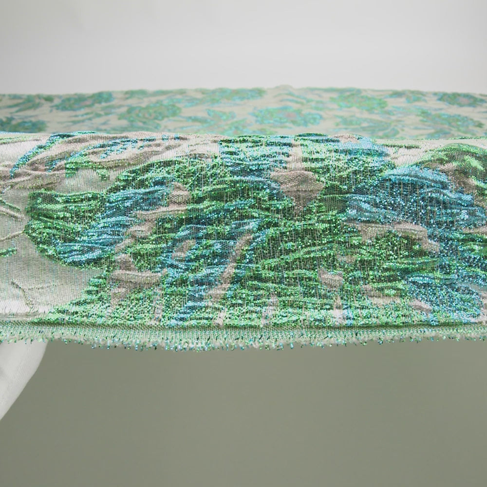 Metallic Green, Blue and Pale Gold Radiant Roses Luxury Brocade - Image 6 of 7